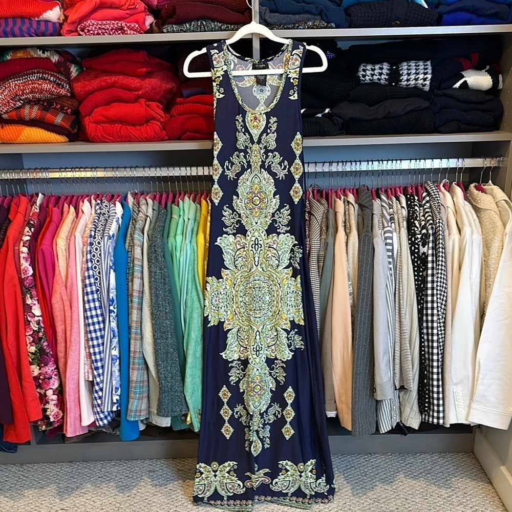 Alyn Paige navy/green print racer back maxi dress size S